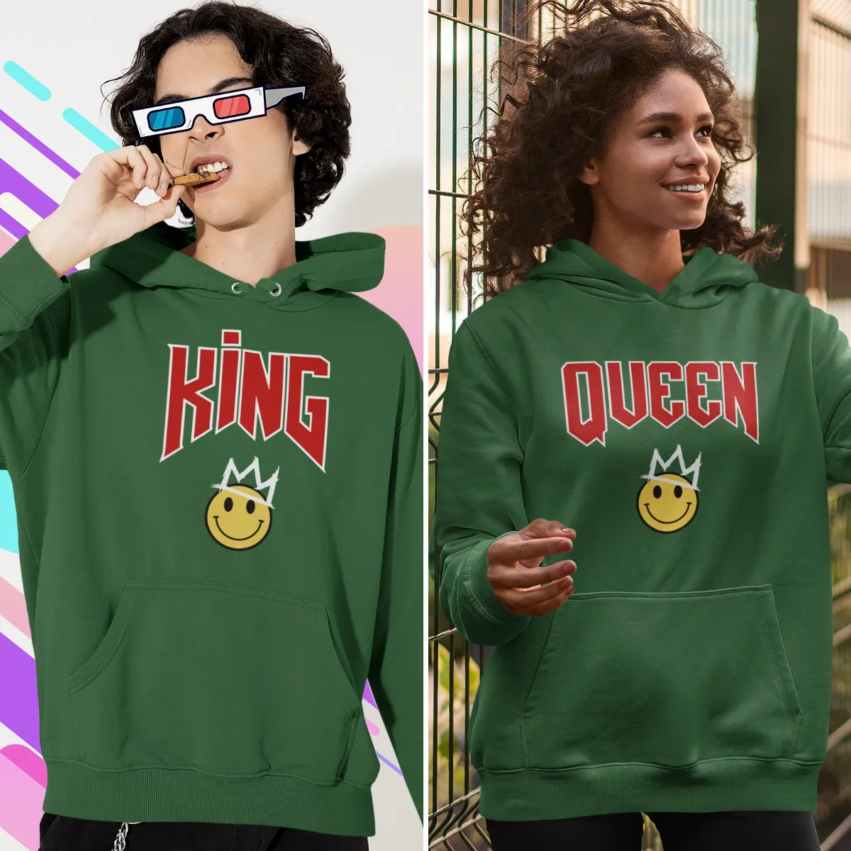 King Queen Hoodie Premium Smiley Crown