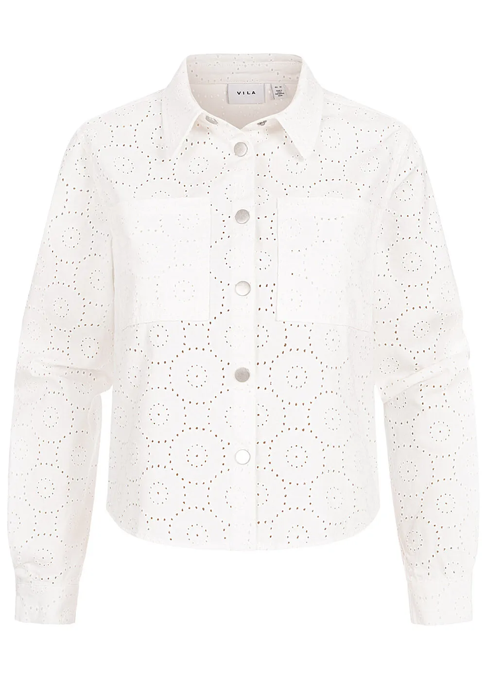 VILA Damen Bluse mit Brusttaschen und Knopfleiste Kreismuster weiss