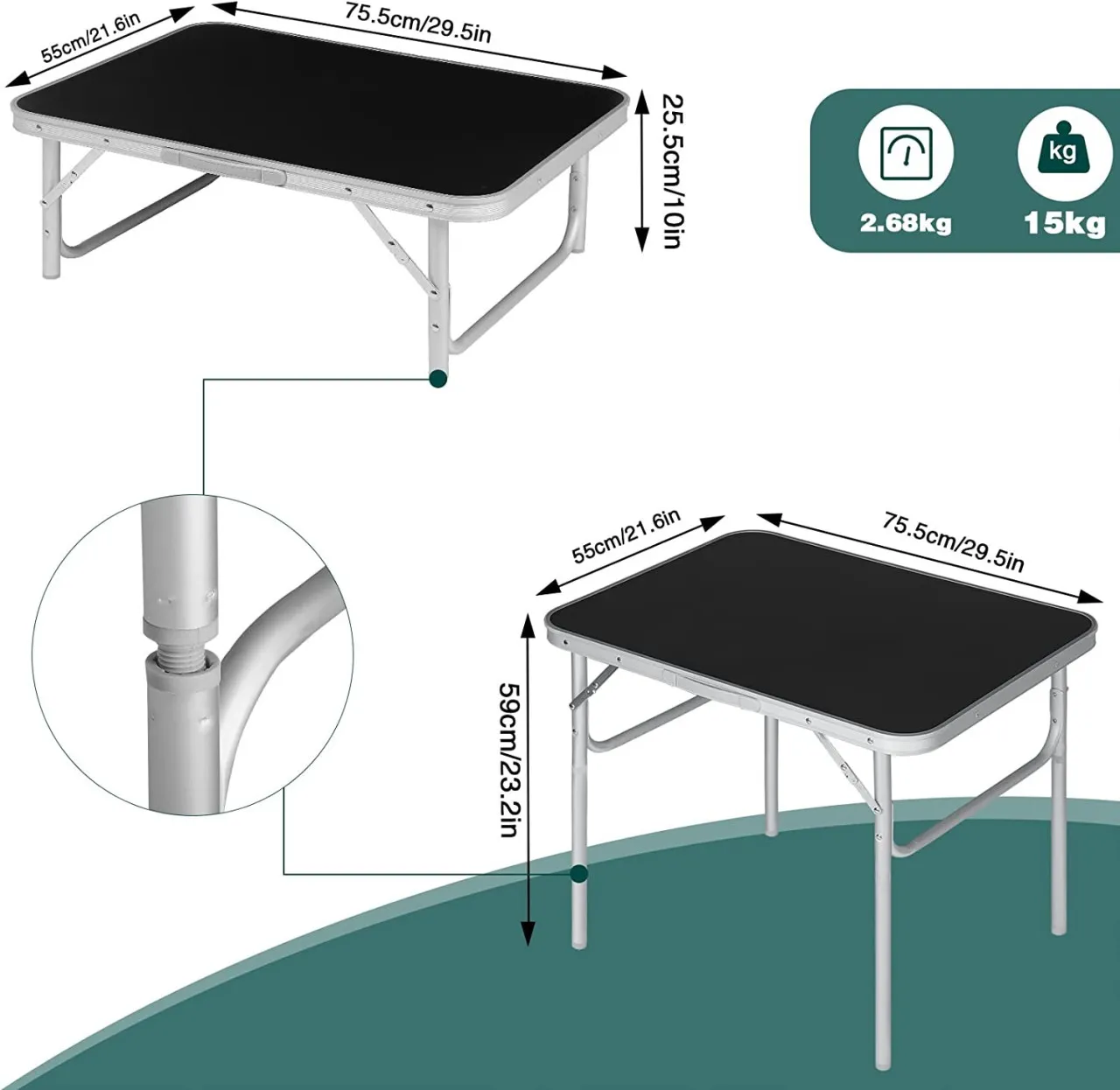 WOLTU Set van 3 aluminium campingtafels, klaptafel, 75.5x55x25.5/59cm, MDF tafelblad
